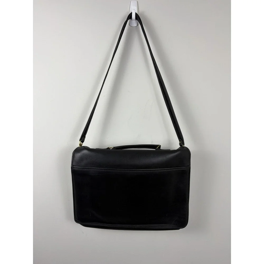 Vintage Laura Black Leather Messenger Bag USA British Brass Double Turnlock